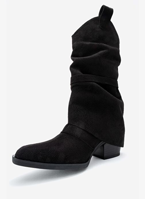OKUS Siyah Süet Kadın Tokalı Kalın Topuklu Kısa Çizme - Görsel 5