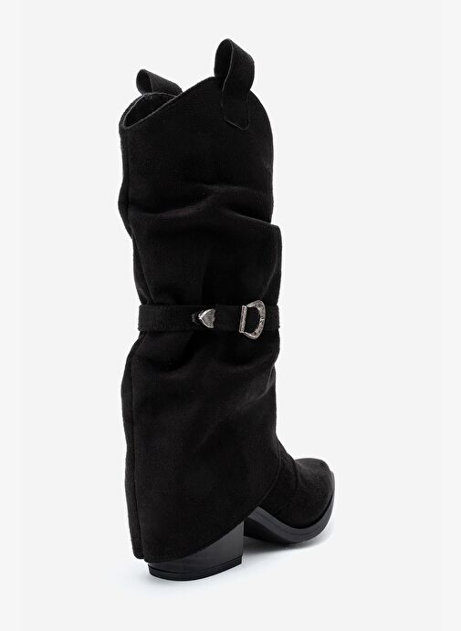 OKUS Siyah Süet Kadın Tokalı Kalın Topuklu Kısa Çizme - Görsel 6