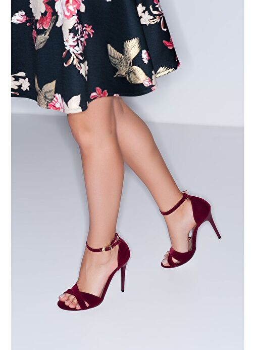 Bordo Süet Kadın Topuklu Ayakkabı 7749113702 - Görsel 2