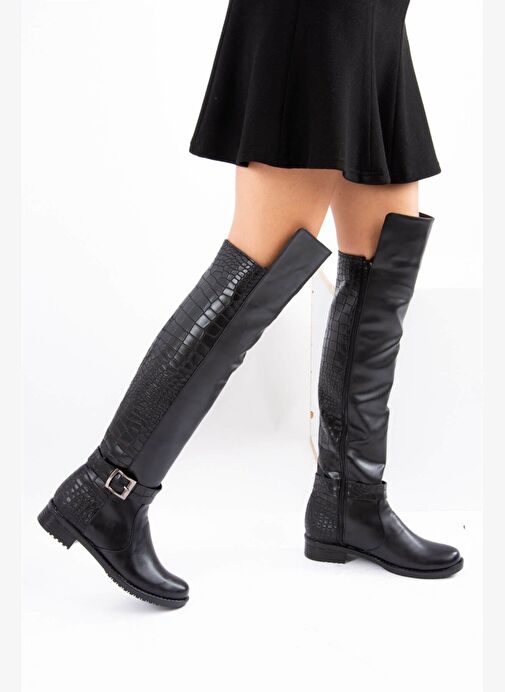 Siyah Kroko Suni Deri Kadın Çizme E726561809 - Görsel 2