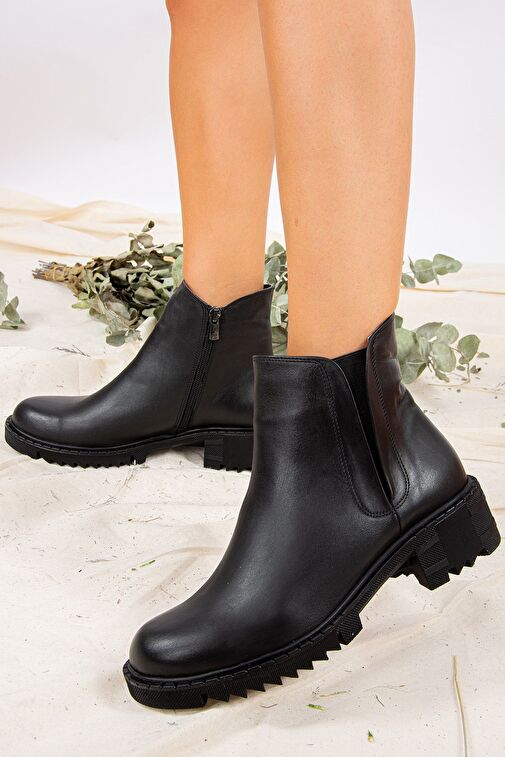 Siyah Hakiki Deri Kadın Bot J654011903 - Görsel 3