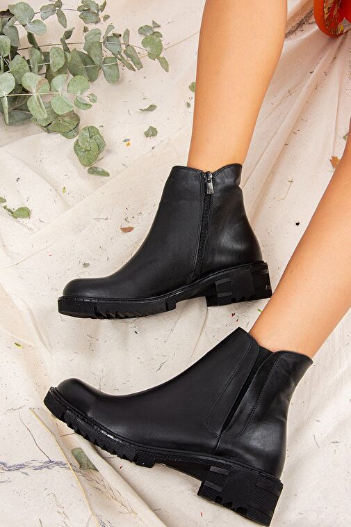 Siyah Hakiki Deri Kadın Bot J654011903 - Görsel 4