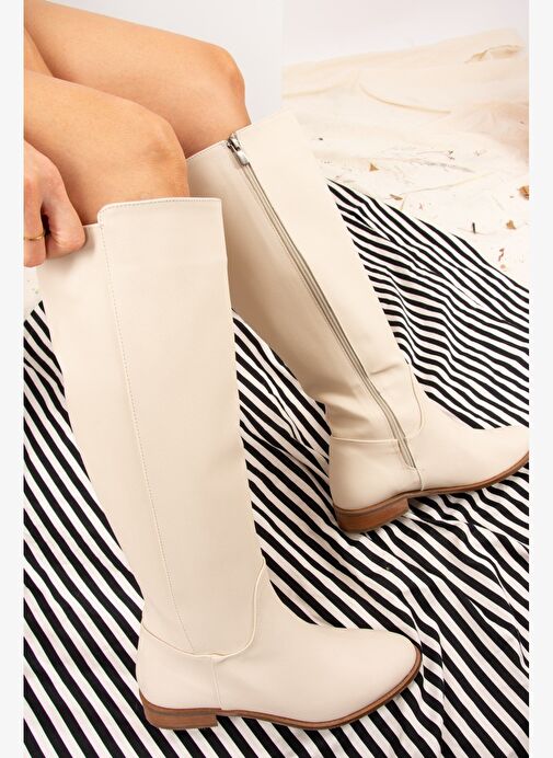 Bej Suni Deri Kadın Çizme J654065609 - Görsel 5