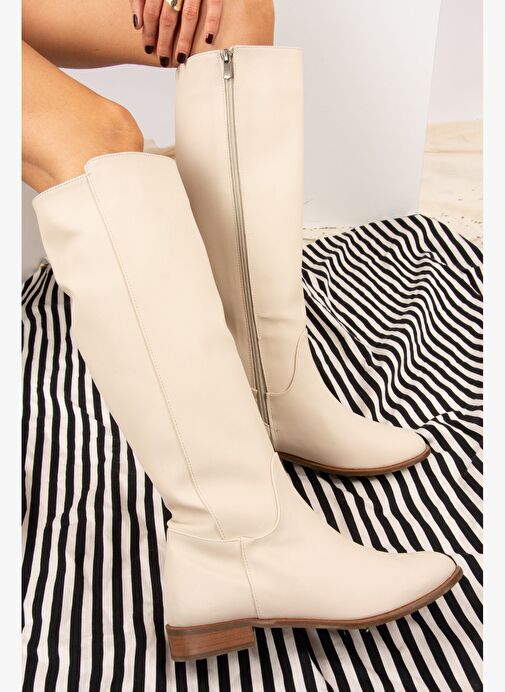 Bej Suni Deri Kadın Çizme J654065609 - Görsel 3