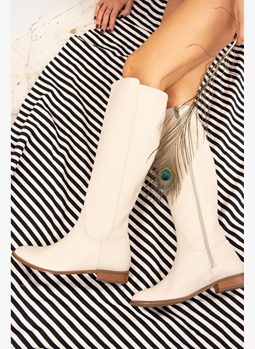 Bej Suni Deri Kadın Çizme J654065609 - Görsel 6