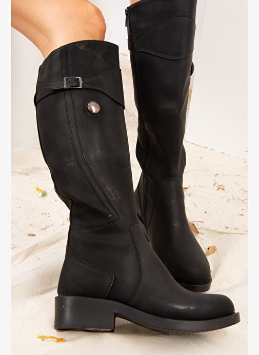 Siyah Suni Deri Kadın Çizme J674272309 - Görsel 3