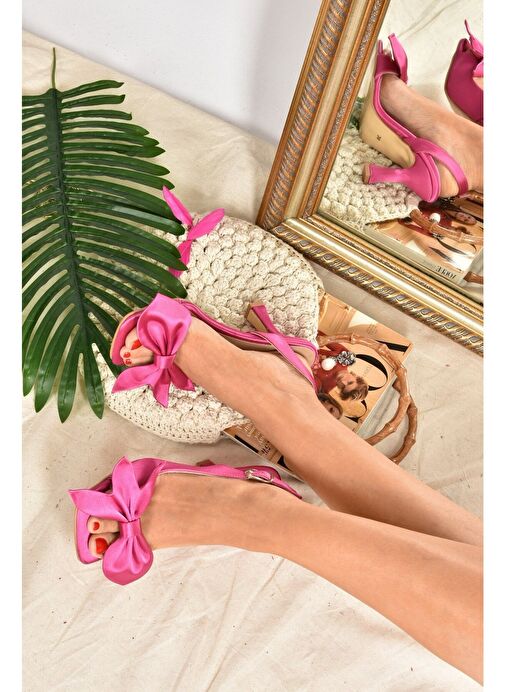 Fuşya Saten Kurdele Detaylı Kadın Topuklu Ayakkabı K749384904 - Görsel 4