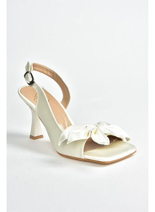 Bej Saten Kurdele Detaylı Kadın Topuklu Ayakkabı K749384904 - Görsel 9