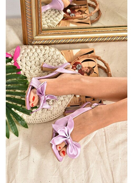 Lila Saten Kurdele Detaylı Kadın Topuklu Ayakkabı K749384904 - Görsel 2