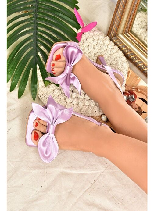 Lila Saten Kurdele Detaylı Kadın Topuklu Ayakkabı K749384904 - Görsel 3