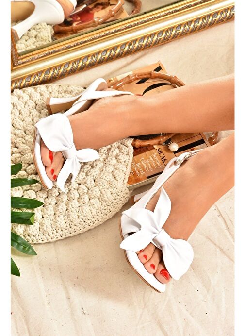 Beyaz Kurdele Detaylı Kadın Topuklu Ayakkabı K749384909 - Görsel 7