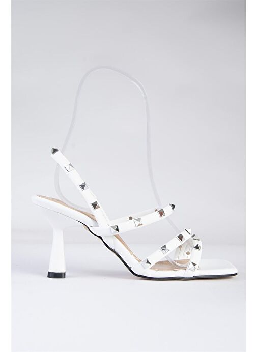 Beyaz Zımba Detaylı Üç Bant Kadın Topuklu Ayakkabı K404571109 - Görsel 6