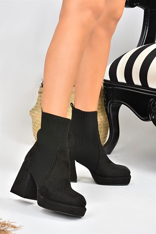 Siyah Süet Platform Topuklu Triko Kadın Bot L282190602 - Görsel 3