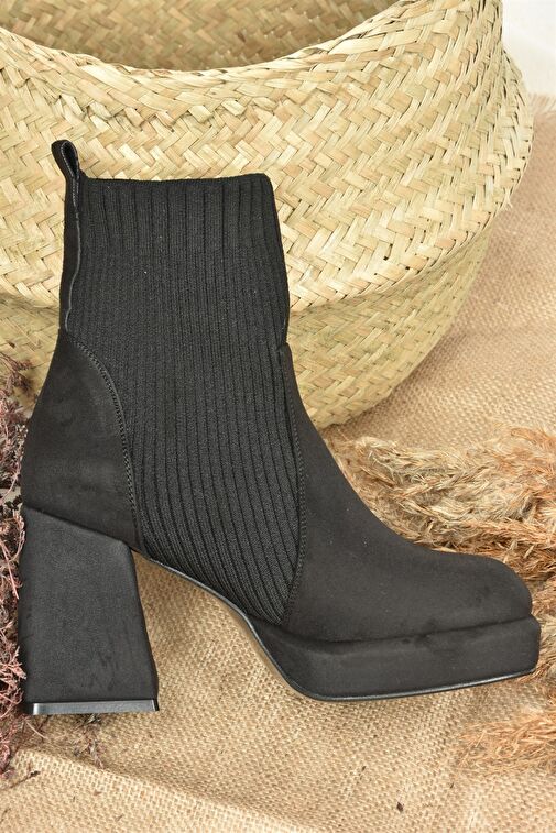 Siyah Süet Platform Topuklu Triko Kadın Bot L282190602 - Görsel 4