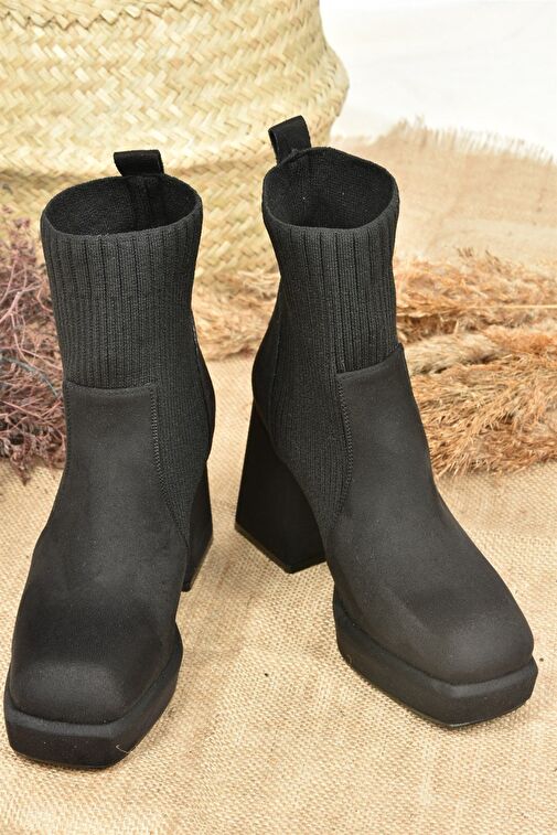 Siyah Süet Platform Topuklu Triko Kadın Bot L282190602 - Görsel 5