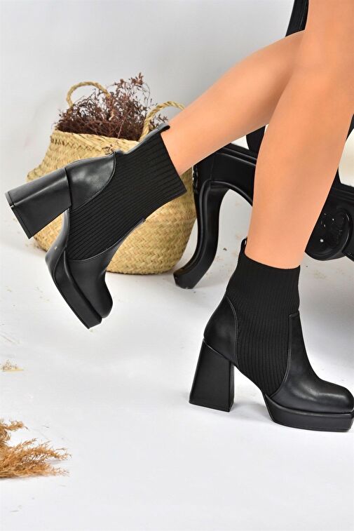 Siyah Deri Platform Topuklu Triko Kadın Bot L282190609 - Görsel 5