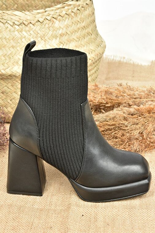 Siyah Deri Platform Topuklu Triko Kadın Bot L282190609 - Görsel 6