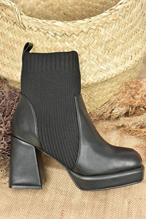 Siyah Deri Platform Topuklu Triko Kadın Bot L282190609 - Görsel 9