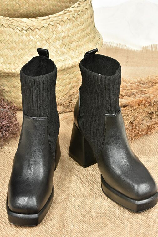 Siyah Deri Platform Topuklu Triko Kadın Bot L282190609 - Görsel 10