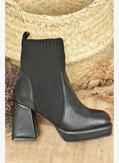 Siyah Deri Platform Topuklu Triko Kadın Bot L282190609 - Görsel 8