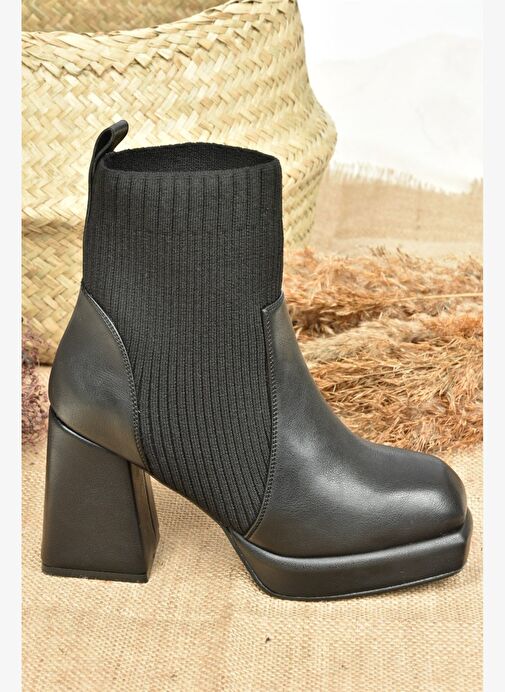 Siyah Deri Platform Topuklu Triko Kadın Bot L282190609 - Görsel 7