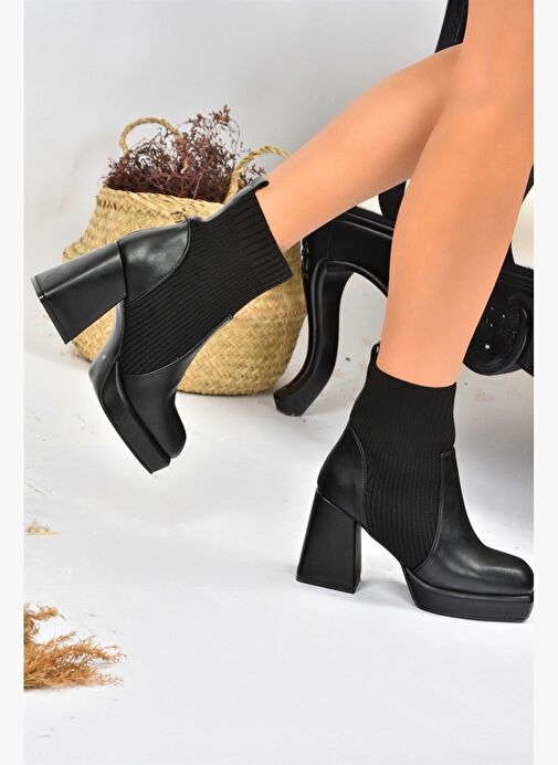Siyah Deri Platform Topuklu Triko Kadın Bot L282190609 - Görsel 4