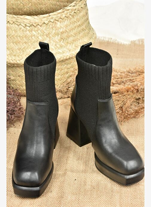 Siyah Deri Platform Topuklu Triko Kadın Bot L282190609 - Görsel 11