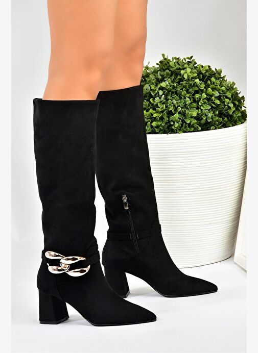 Siyah Süet Zincir Detaylı Kalın Topuklu Kadın Çizme L572951002 - Görsel 2