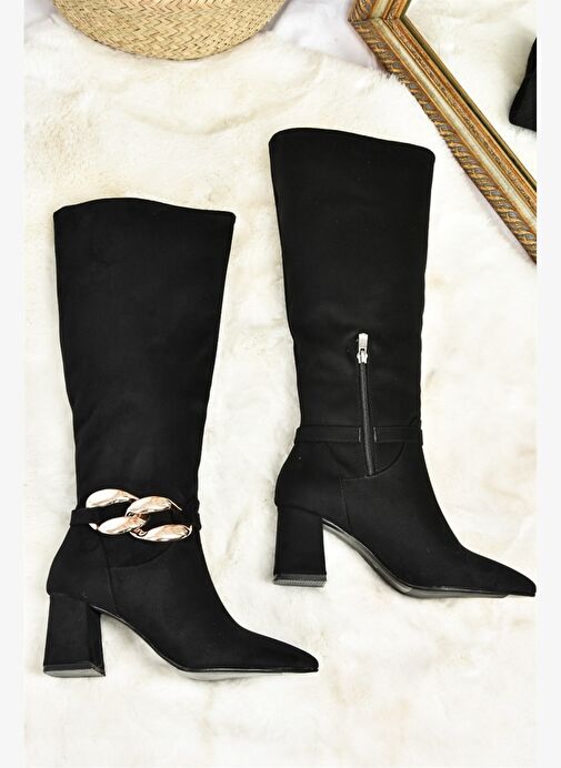 Siyah Süet Zincir Detaylı Kalın Topuklu Kadın Çizme L572951002 - Görsel 6