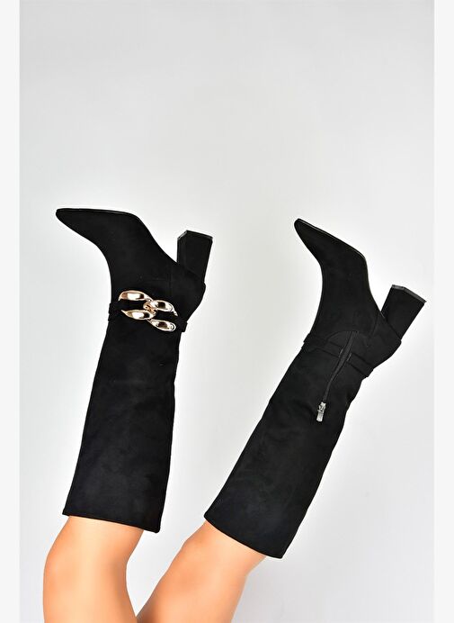 Siyah Süet Zincir Detaylı Kalın Topuklu Kadın Çizme L572951002 - Görsel 4