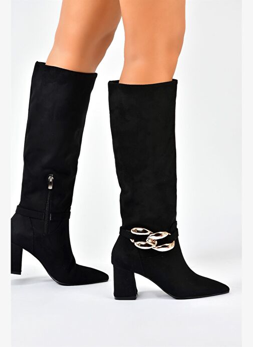 Siyah Süet Zincir Detaylı Kalın Topuklu Kadın Çizme L572951002 - Görsel 3