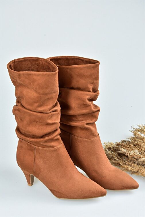 Taba Süet Kısa Topuklu Büzgülü Kadın Bot L404810602 - Görsel 6