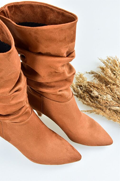 Taba Süet Kısa Topuklu Büzgülü Kadın Bot L404810602 - Görsel 7