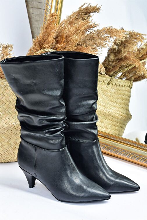 Siyah Kısa Topuklu Büzgülü Kadın Bot L404810609 - Görsel 6