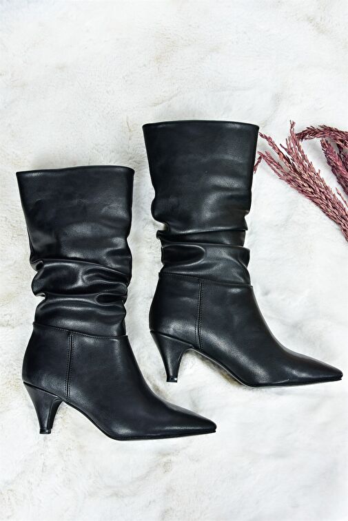 Siyah Kısa Topuklu Büzgülü Kadın Bot L404810609 - Görsel 7