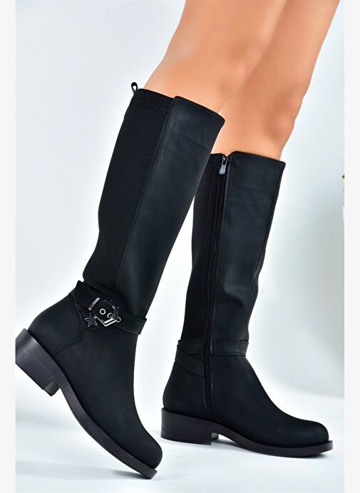 Siyah Arkası Dalgıç Streç Kumaş Kısa Topuklu Günlük Kadın Çizme G674240109 - Görsel 4