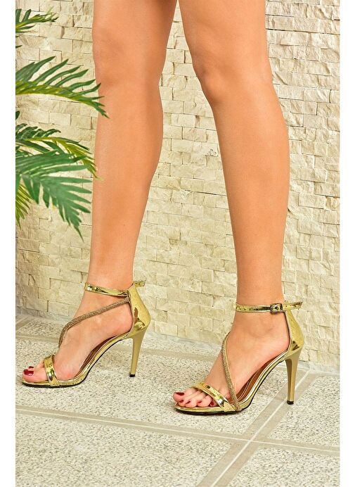 Altın Ayna İnce Topuklu Taşlı Kadın Abiye Ayakkabı M251005134 - Görsel 4