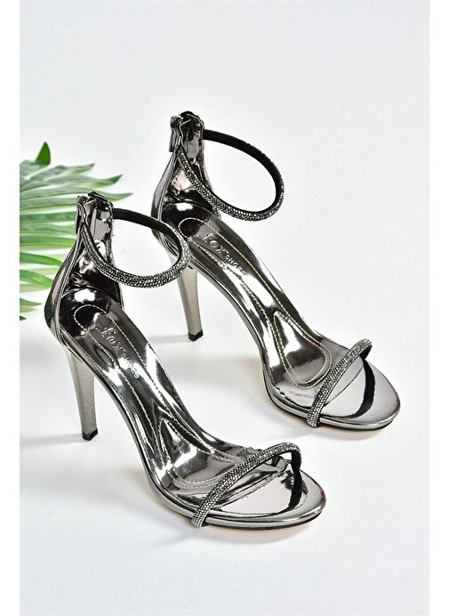 Platin Ayna Tek Bant Taşlı Kadın Abiye Ayakkabı M251800034 - Görsel 8