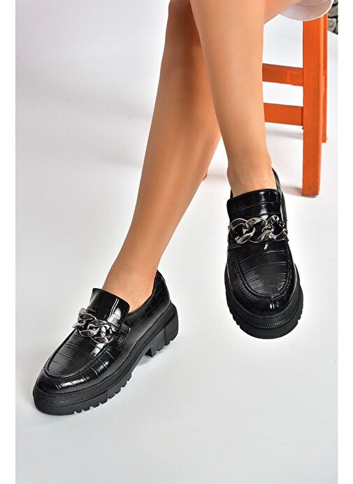 Siyah Kroko Baskı Kalın Tabanlı Günlük Kadın Ayakkabı K294760011 - Görsel 3