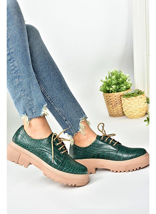 Yeşil Kroko Baskı Kalın Tabanlı Oxford Ayakkabı M294771311 - Görsel 2