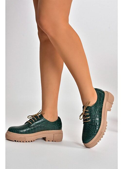 Yeşil Kroko Baskı Kalın Tabanlı Oxford Ayakkabı M294771311 - Görsel 4