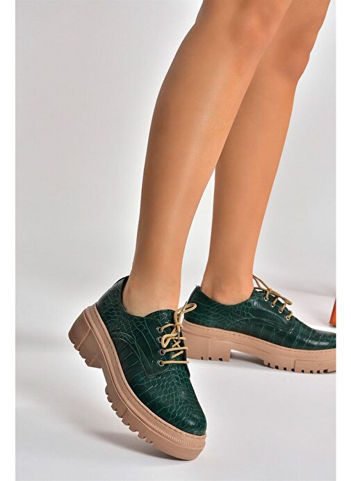 Yeşil Kroko Baskı Kalın Tabanlı Oxford Ayakkabı M294771311 - Görsel 5