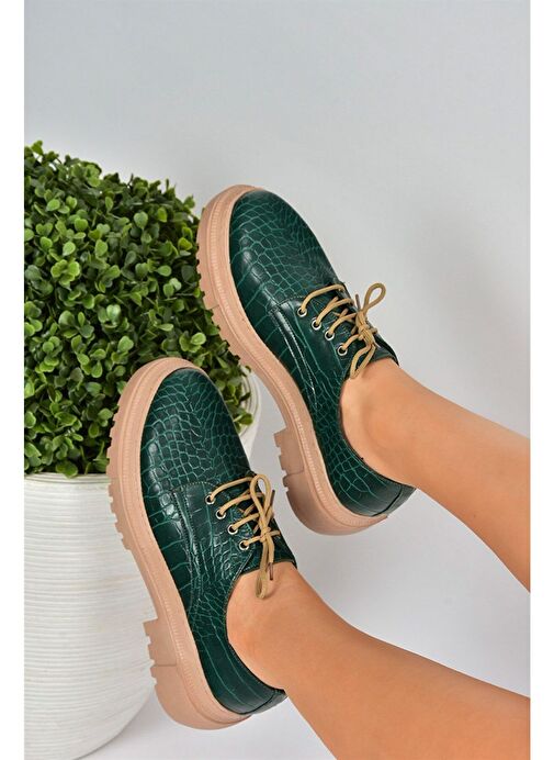 Yeşil Kroko Baskı Kalın Tabanlı Oxford Ayakkabı M294771311 - Görsel 6