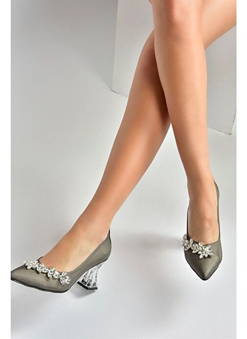 Platin Saten Kumaş Taşlı Kadın Abiye Ayakkabı M246014004 - Görsel 3