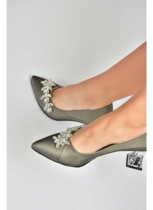 Platin Saten Kumaş Taşlı Kadın Abiye Ayakkabı M246014004 - Görsel 5