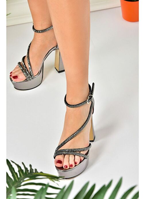 Platin Ayna Taşlı Platform Topuklu Kadın Abiye Ayakkabı M246053534 - Görsel 3