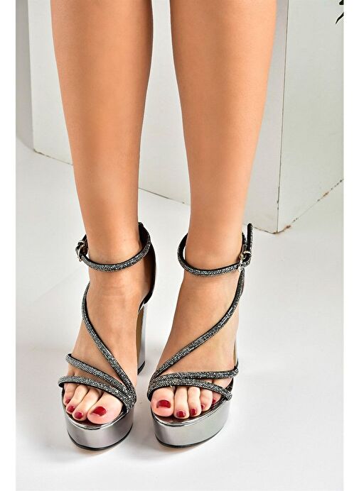 Platin Ayna Taşlı Platform Topuklu Kadın Abiye Ayakkabı M246053534 - Görsel 6