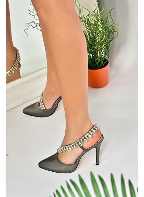 Platin Saten Kumaş Taşlı Kadın Abiye Ayakkabı M246062704 - Görsel 2