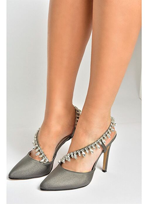 Platin Saten Kumaş Taşlı Kadın Abiye Ayakkabı M246062704 - Görsel 4