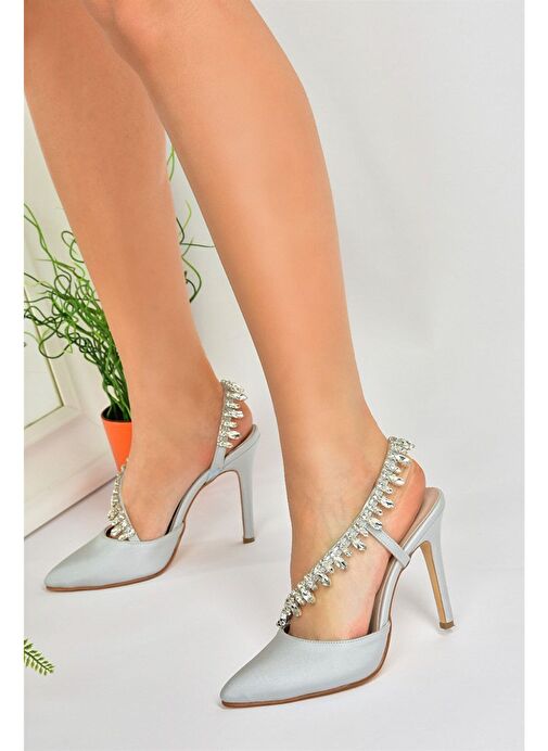 Gümüş Saten Kumaş Taşlı Kadın Abiye Ayakkabı M246062704 - Görsel 2
